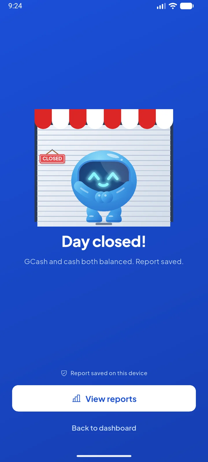 Cashi's Day Closed screen with Cashi pulling down the store shutter