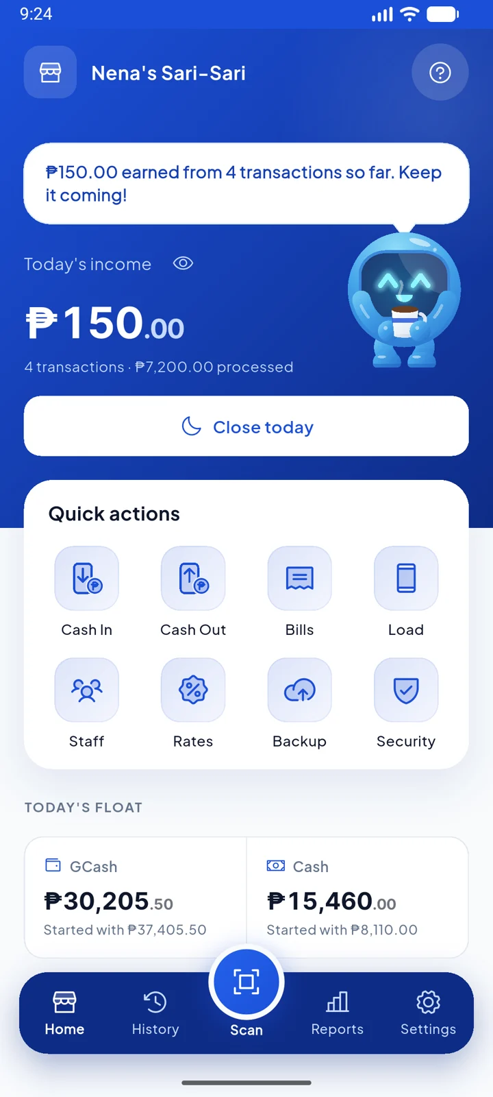 Cashi's home screen: ₱150 earned today from 4 transactions, quick actions, and today's GCash and cash float